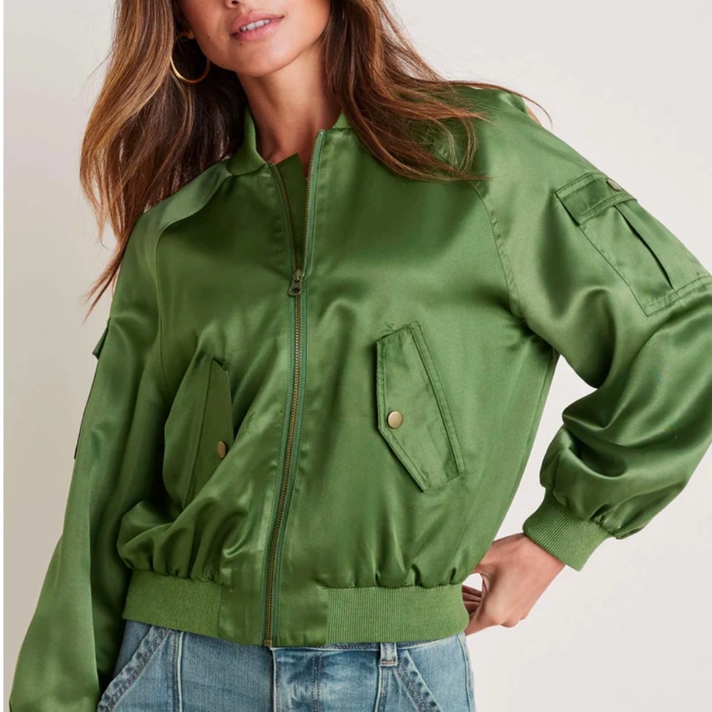 VENUS Green Bomber Jacket with Oversized Fit and Elastic Waist